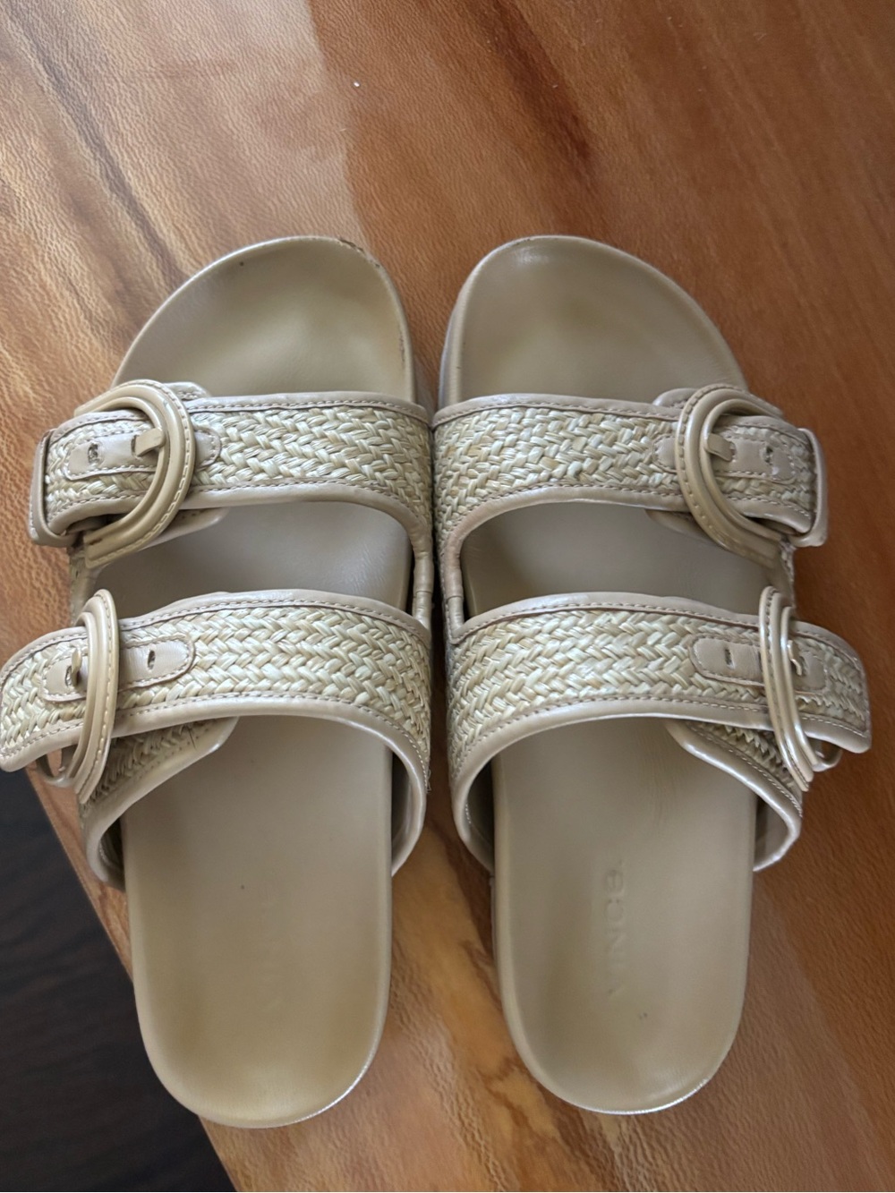 Vince Cream Woven Double-Buckle Slide Sandals